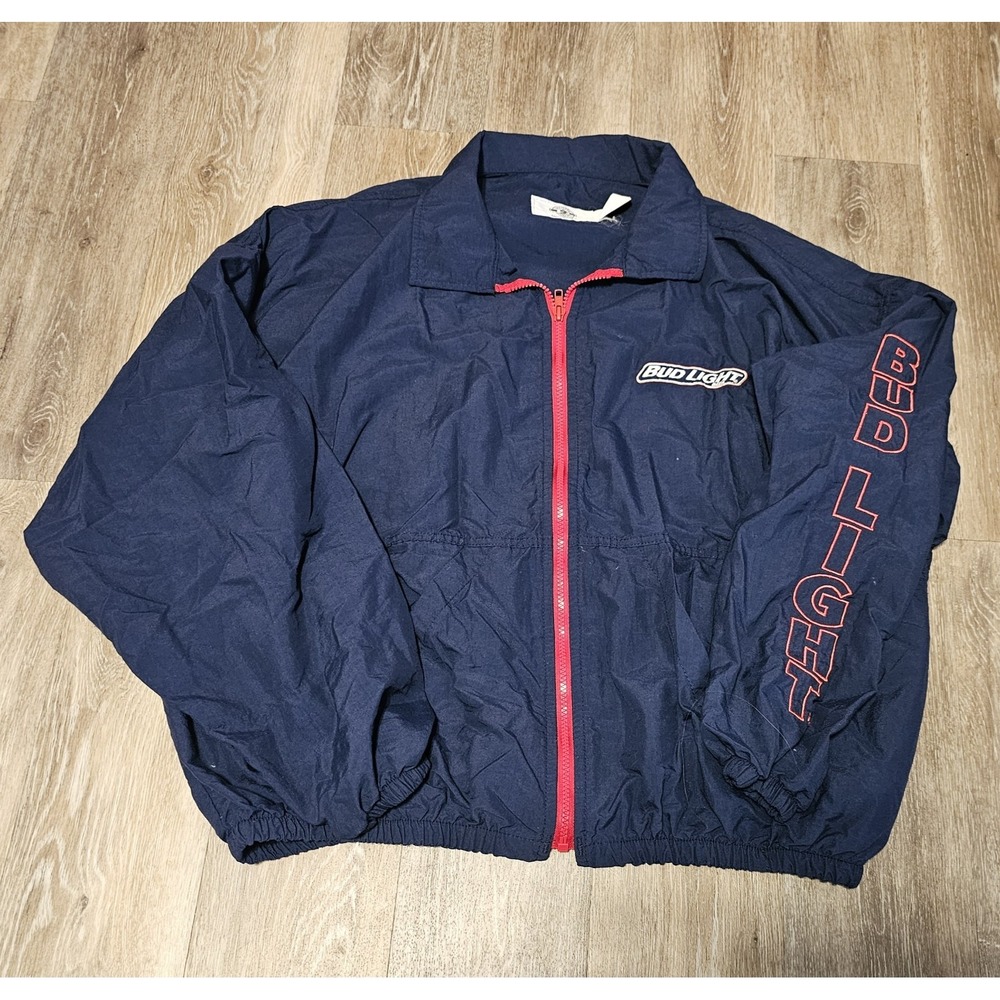 Bud Light Beer Promo Windbreaker Jacket Navy Red Zip Spell‎ Out Sleeve Mens XL